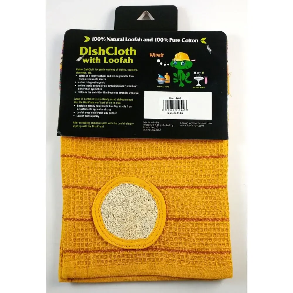 Kitchen Dishcloth Yellow 100% Natural Cotton With Built In Loofah Scrubber